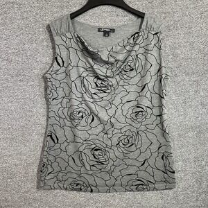 Sharagano Top Womens L Gray Black Floral Rose Cowl Neck Sleeveless
